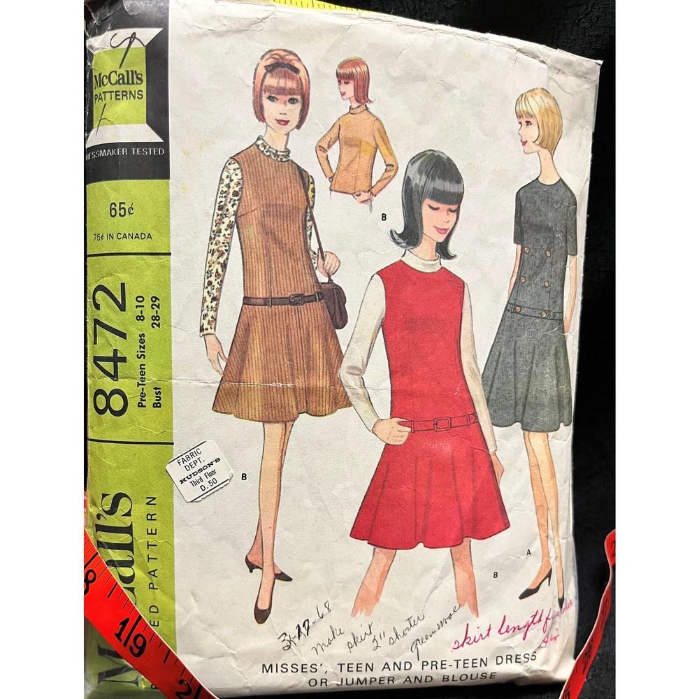 McCall's 8472 60's Misses, Teen And Pre-Teen Dress or Jumper Blouse Size 8-10